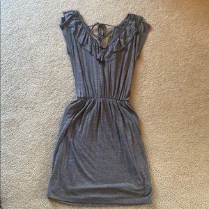Grey dress, ruffle back, tie top, fitted waist, S